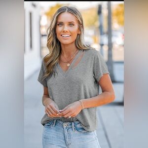 Cotton Gray V-Neck Cut Out Tee